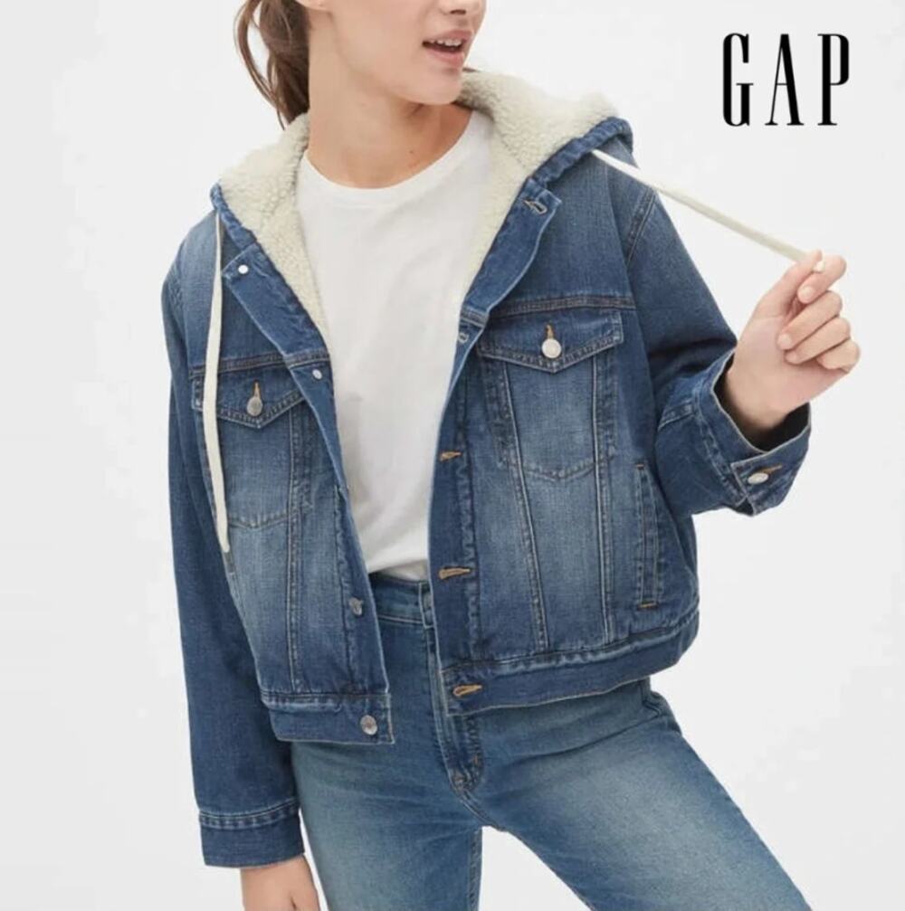 Gap Crop Hooded Sherpa Denim Trucker Jacket Coat Women L Fleece Plush Lined Hood